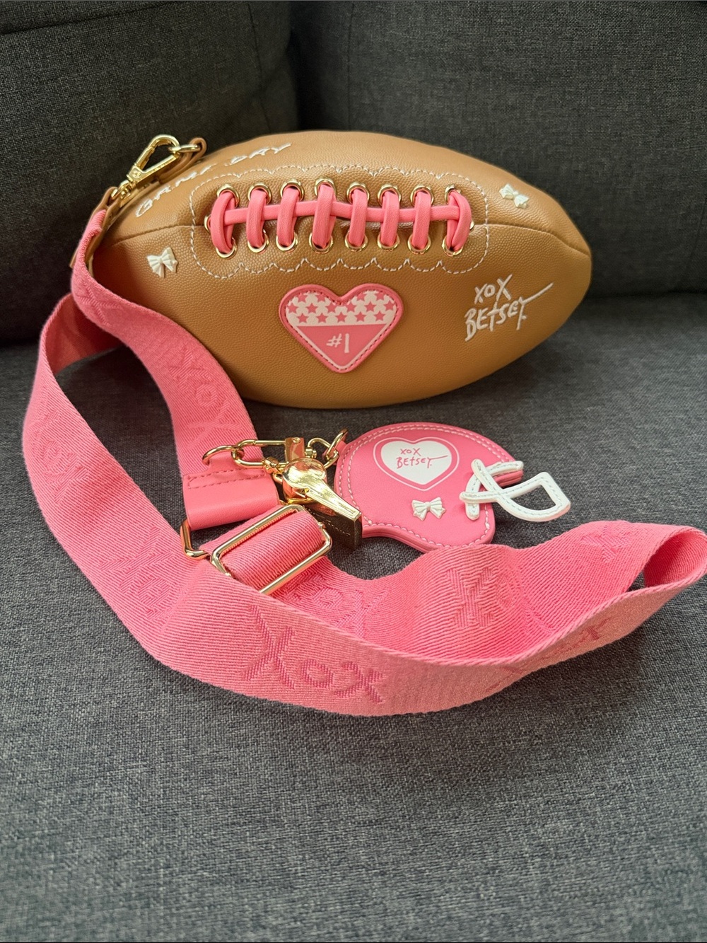 Betsey Johnson Football Crossbody Bag Pink Brown Novelty Purse Charm